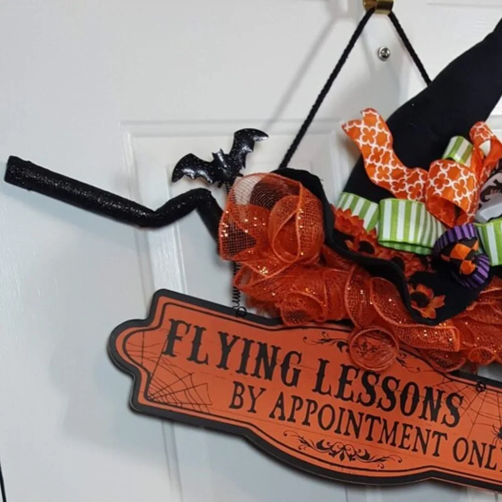 Witch's Flying Broom Stick Halloween Wreath, Flying Lesson Broom Wreath